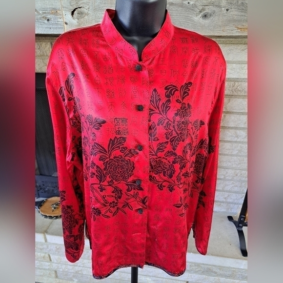 Chico's Women's Size 2 Asian Inspired Tunic Button Up Blouse Top Shirt Red Black - Picture 1 of 11